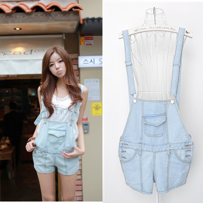 Button the disassemblability wearing white vintage jumpsuit denim bib pants suspenders shorts female loose