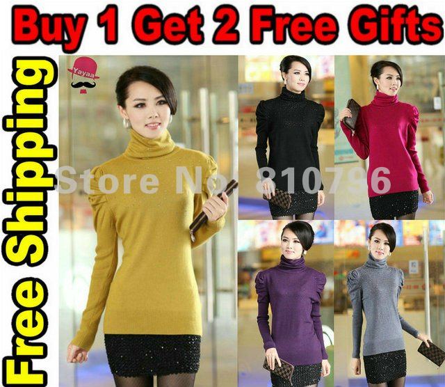 Buy 1 Get 2 Free Gifts,New Womens Puff Sleeve Wool Sweater Turtleneck Sweatshirts Underwear T-shirts Outwear S-3XL Free Shipping