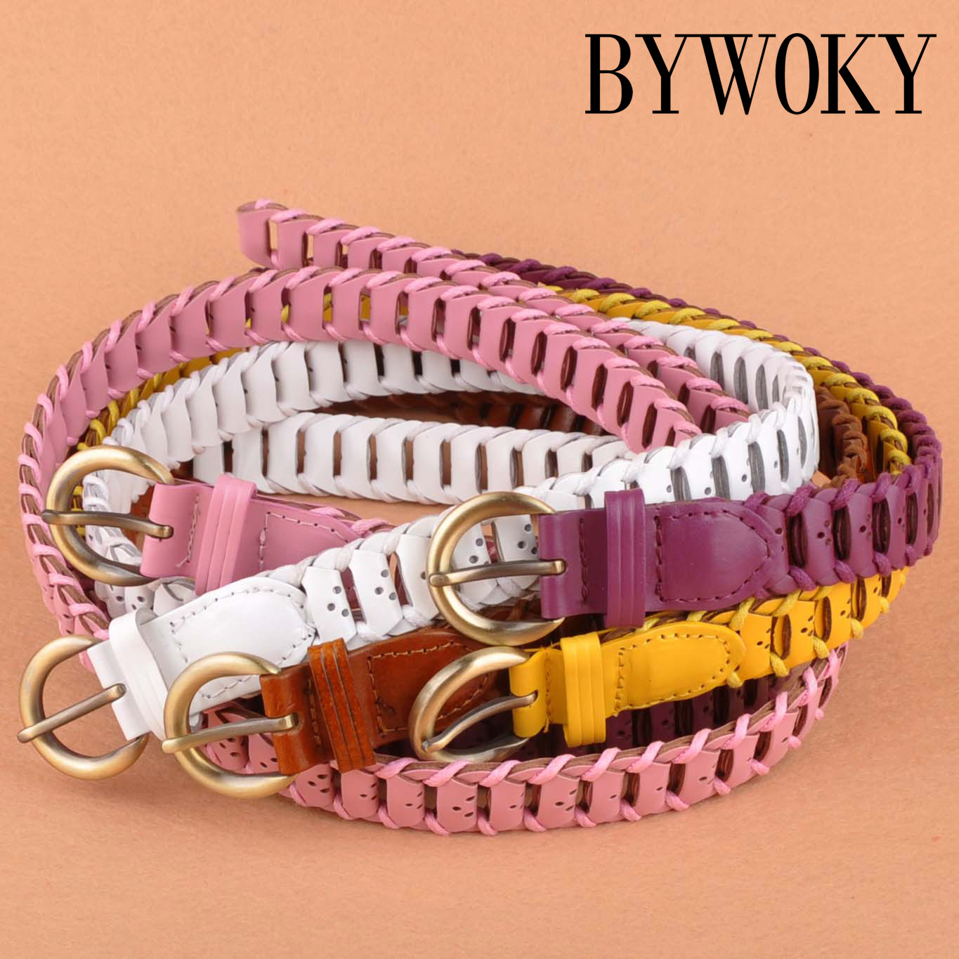 Bywoky women's casual fashion belt strap women's knitted genuine leather strap