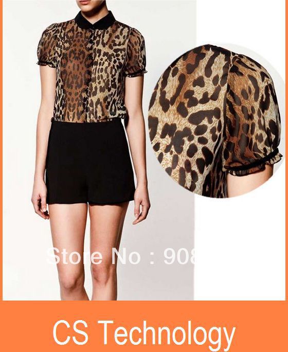 [C-240]2013 NEW HOT! Leopard Short Sleeve Chiffon Blouse,casual shirt  Free shipping