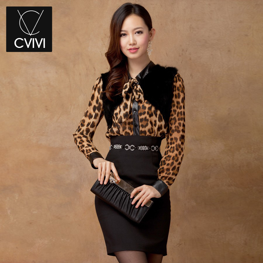 C . vivi sexy leopard print chiffon shirt basic shirt rabbit fur shawl female free shipping