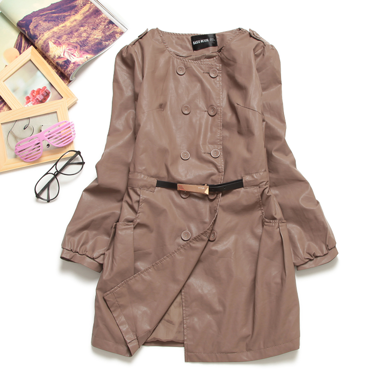 C073-464 female 2012 autumn slim all-match medium-long leather trench wrist-length sleeve