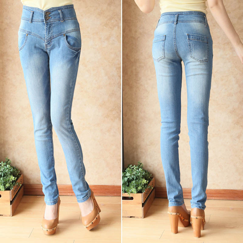 C092-436 female cat scratches water wash wearing white skinny pants pencil pants high waist jeans trousers