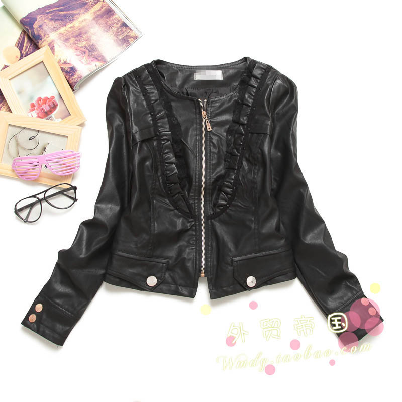 C122-499 female 2011 autumn vivi sweet lace small leather clothing coat