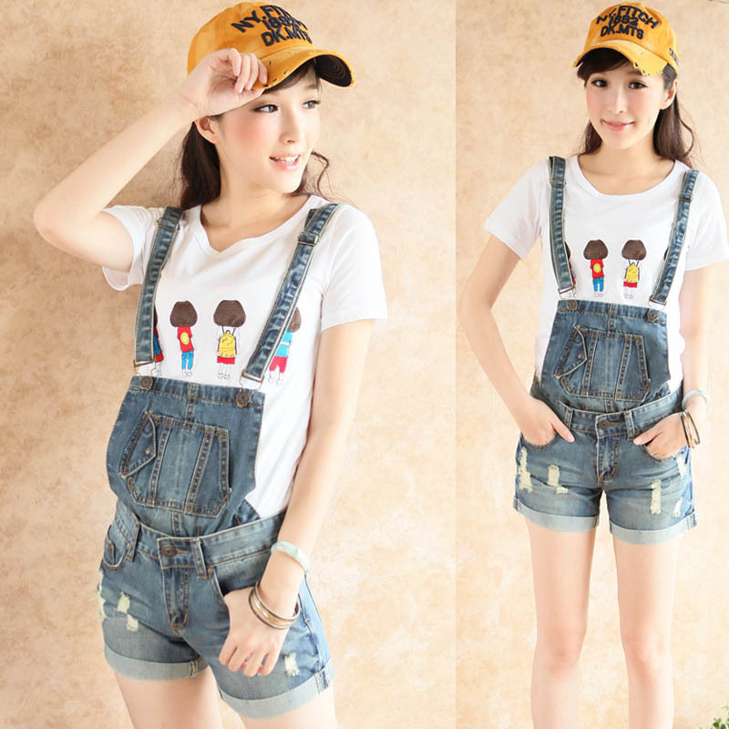 C182-525 2012 summer single sweet hole water wash roll up hem cat scratches denim suspenders shorts