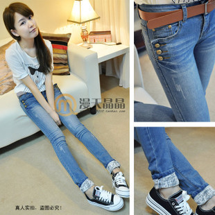 C2012 Autumn And Winter Newly Fashion Pocket Buckle Elastic Jeans Skinny  Pencil Pants LYXF267