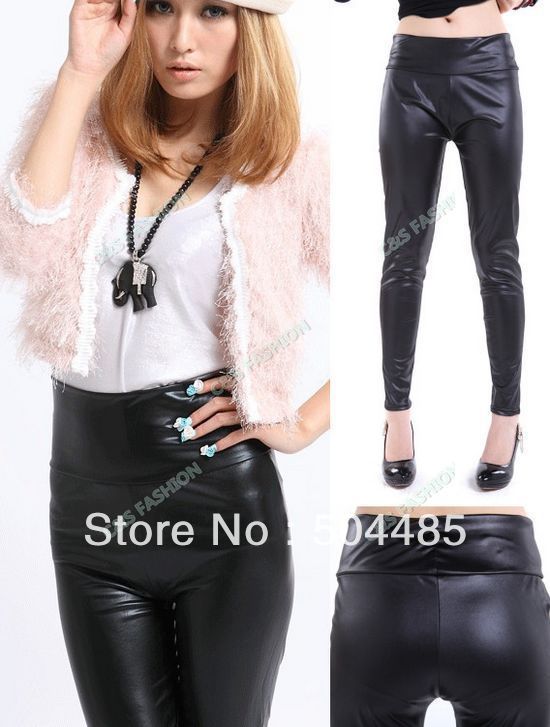 [C213] IRIS Knitting Free Shipping Women PU Leather Shiny Leggings High-waist Stretch Material Pants Ladies Fashion Tights