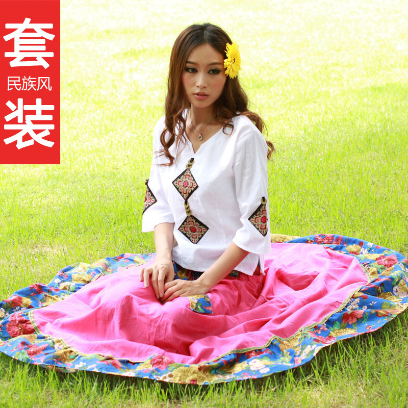 C3000 bohemia spring and summer national trend embroidered slim shirt top full dress one-piece dress set