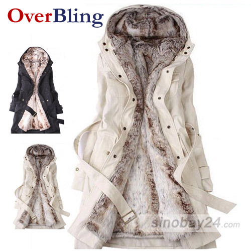 C41045 Ladies Polyester Velvet Blet Faux Fur Long Coat Winter Warm Jacket