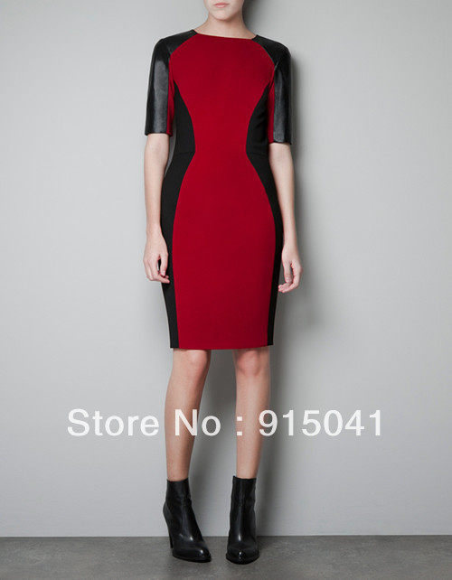 C74-14-063 in Europe and America pu leather stitching red and black dress sexy Slim dress in Europe and the United States in She