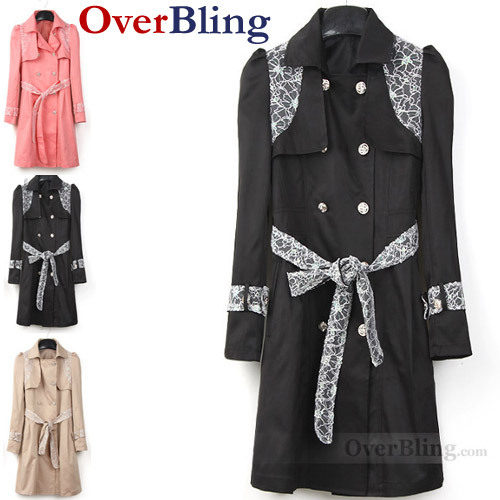 C85103 Autumn Women Fashion Lace With Long Sleeve Overcoat Button Dust Coat