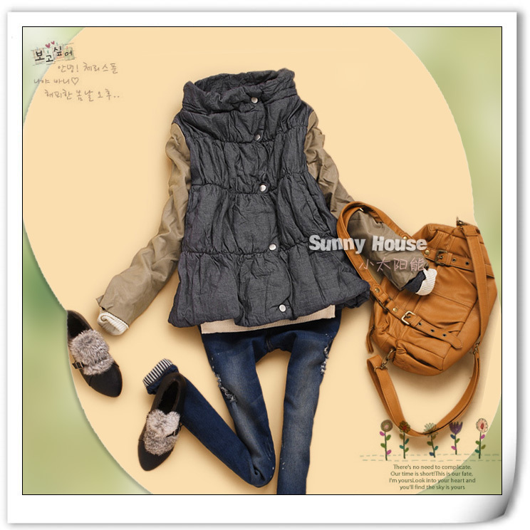 Ca1-4 autumn and winter women PU patchwork small stand collar outerwear wadded jacket small cotton-padded jacket