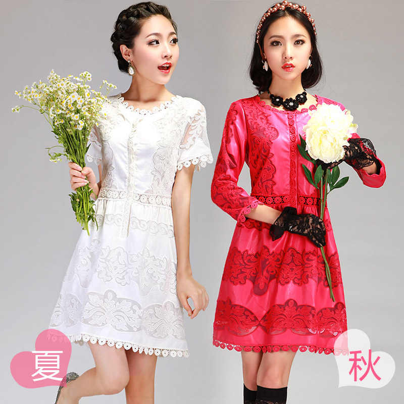 Cabinet 2013 water washed leather cutout embroidery lace long-sleeve dress q5047 female Strapless Plaid