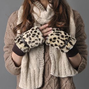 "cady-s" Semi-finger gloves women's genuine leather gloves leopard print autumn and winter in the winter of the trend of fashion