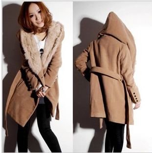 Camel 2012 Autumn Winter Korean Fashion Women's Double-Breated Fur Collar Hooded Belted Coat Wool Parka Outerwear M-L