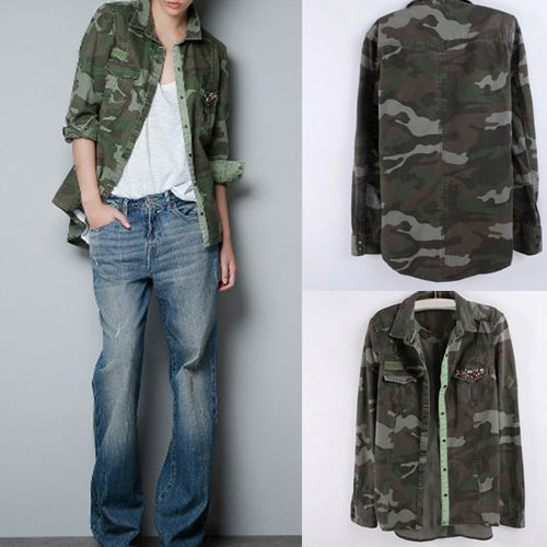 CAMOUFLAGE UNIFORM-STYLE RIVET POCKET LONG-SLEEVE TOP SHIRT BLOUSE 3758