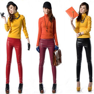 Candy color new arrival pants faux leather pants elastic waist boot cut jeans pencil pants skinny pants