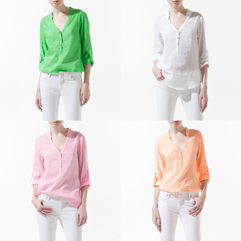 CANDY COLOR V-NECK STUDS BUTTON LONG SLEEVE SHIRT 3009