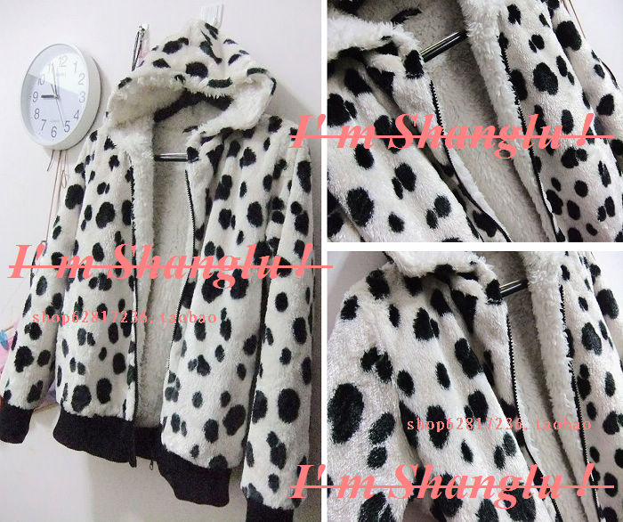 Cantwo large polka dot sploshes leopard print berber fleece plus velvet cow cotton-padded jacket with a hood outerwear