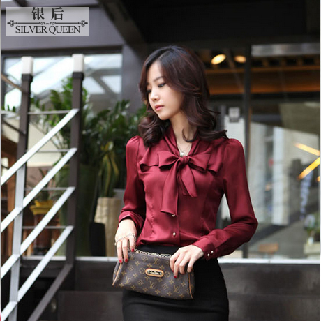 Career Casual Top Blouse Shirt Silver after   professional female  female stand collar lacing ruffle bow long-sleeve  female A5