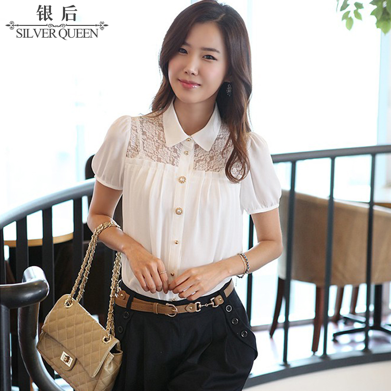 Career Casual Top Blouse Shirt Women's   new arrival peter pan collar vintage short-sleeve chiffon  plus size  chiffon  A5