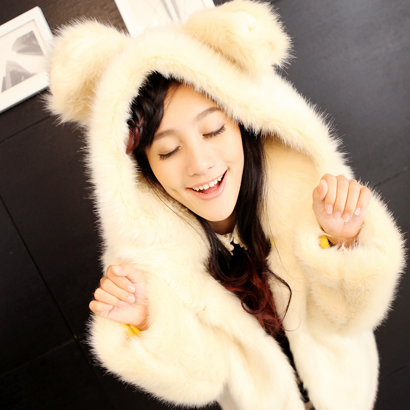 Cartoon bear artificial animal ears thickening fur overcoat outerwear