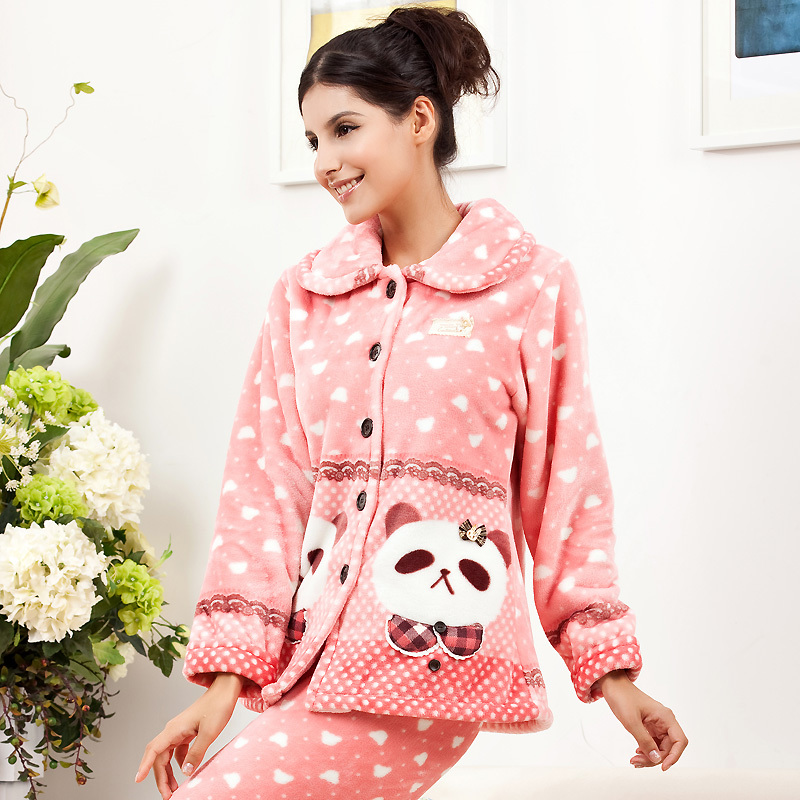 Cartoon bear dot small lapel sleep set coral fleece thickening long-sleeve brief casual lounge