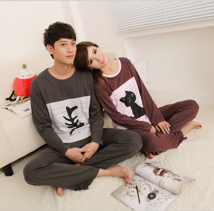 Cartoon cat fish lovers sleepwear male female long-sleeve thickening 100% cotton plus size set lounge