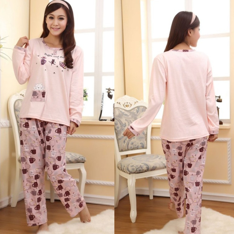 Cartoon coffee cat sleepwear female long-sleeve 100% cotton set plus size lounge lovers thickening