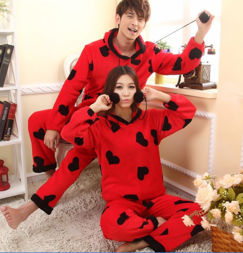 Cartoon coral fleece lovers sleepwear long-sleeve female cotton male plus size thickening lounge set