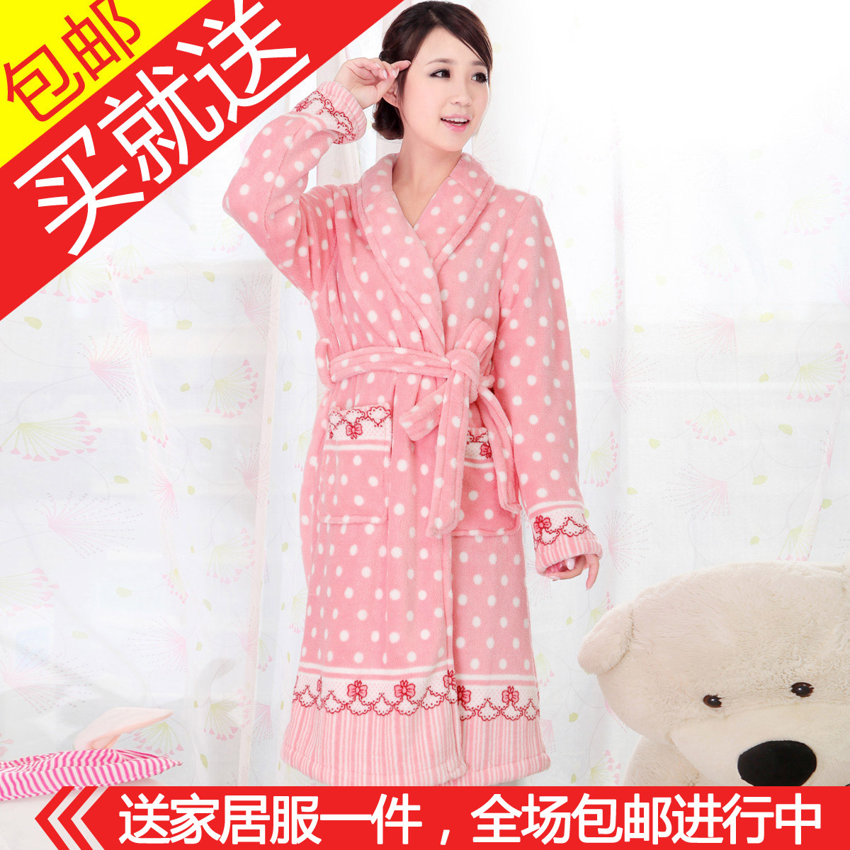 Cartoon coral fleece thickening long-sleeve sleepwear women's robe lounge