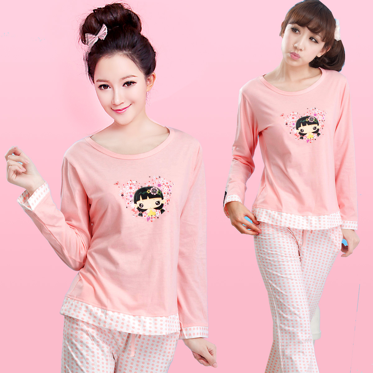 Cartoon knitted cotton sleep set long-sleeve cotton spring and autumn Women sleepwear