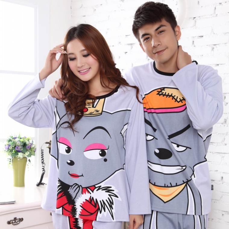 Cartoon lovers knitted cotton lounge spring and autumn male women's long-sleeve sleepwear