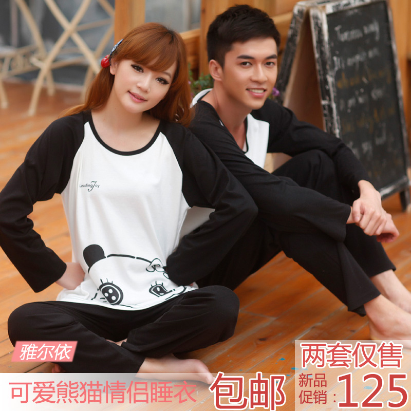 Cartoon lovers sleepwear spring and autumn female long-sleeve knitted 100% cotton lounge male casual set