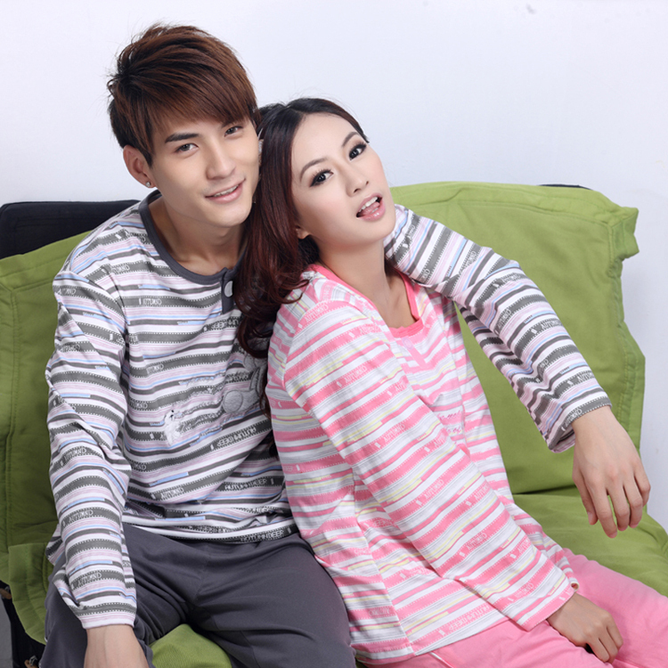 Cartoon lovers sleepwear stripe knitted cotton long-sleeve lounge set male 1501 female 1502