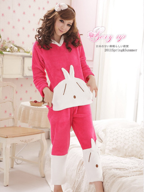 Cartoon rascal rabbit coral fleece sleepwear women's thickening winter lounge set