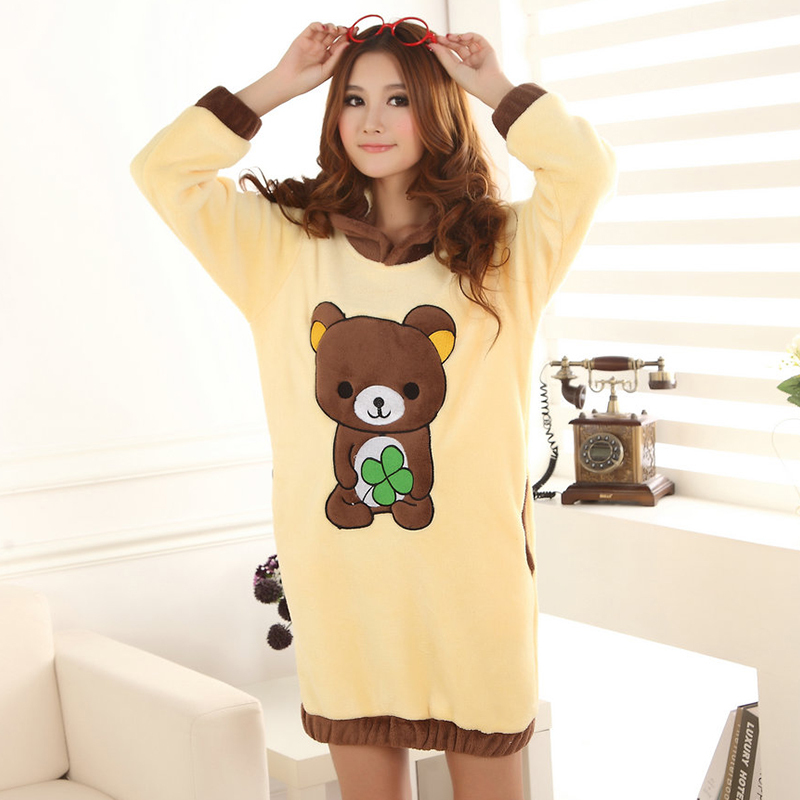 Cartoon relaxed bear with a hood coral fleece long-sleeve sleepwear thickening nightgown lounge