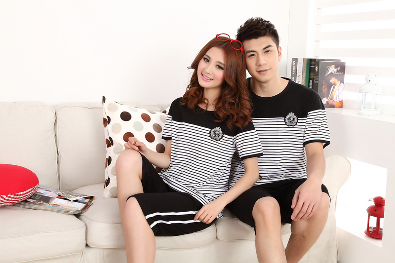 Cartoon stripe lovers sleepwear short-sleeve 100% cotton lounge set