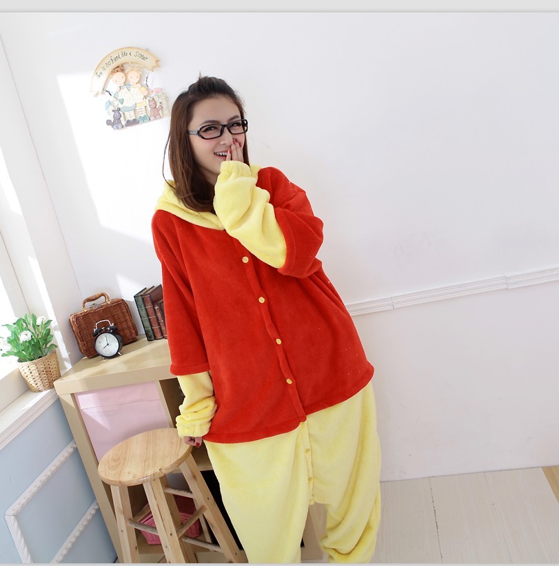 Cartoon WINNIE one piece sleepwear coral fleece male female long-sleeve thickening plus size lounge lovers set