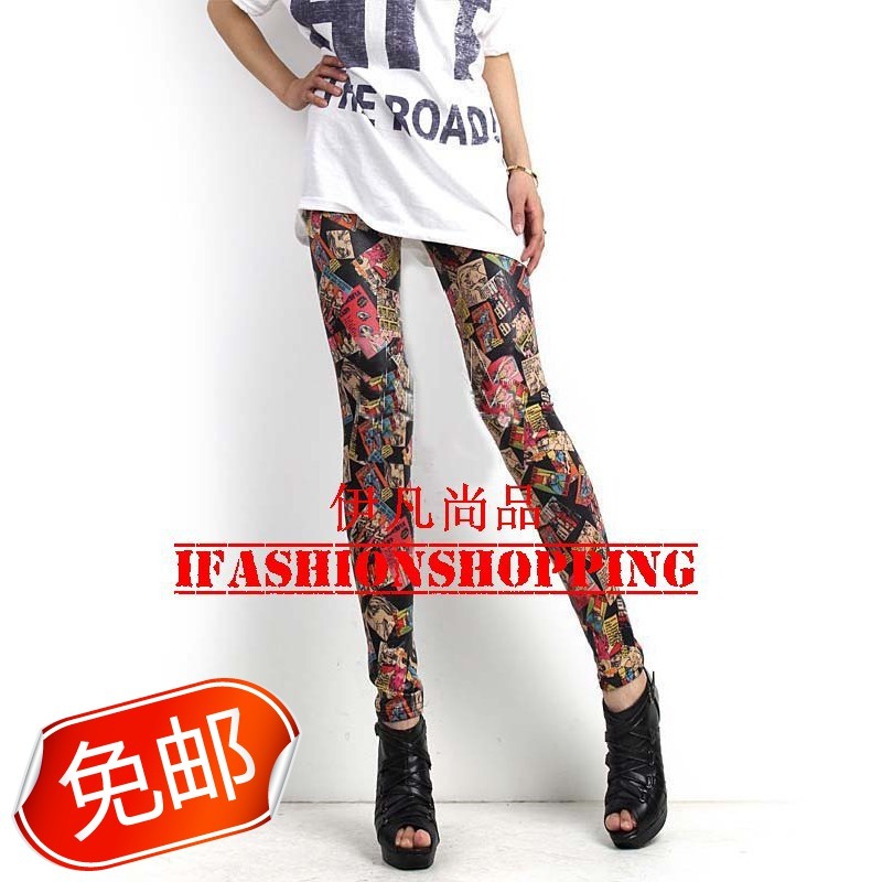 Cartoons beauty multicolour doodle faux leather serpentine pattern ankle length legging tight slim skinny pants