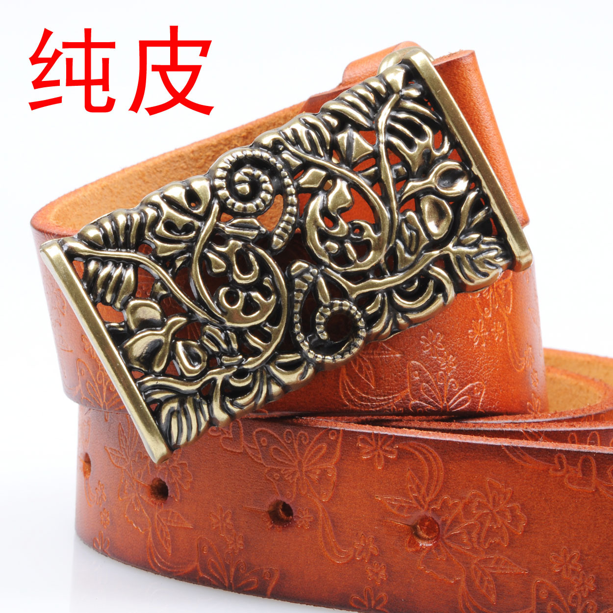 Carved women's genuine leather strap belt Women genuine leather vintage smooth buckle strap casual jeans