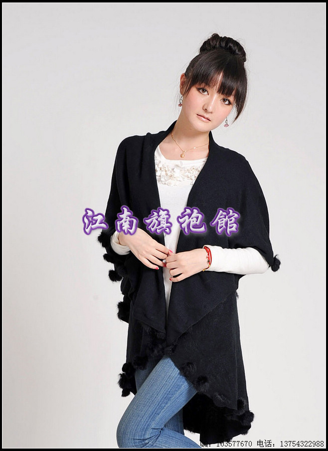 Cashmere rabbit fur ball thickening lengthen cape autumn and winter all-match large cape cheongsam cape