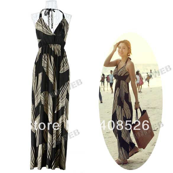 Casual Black Leather Elegant Women's Backless Strap Beach Sun Long Dress free shipping 9754