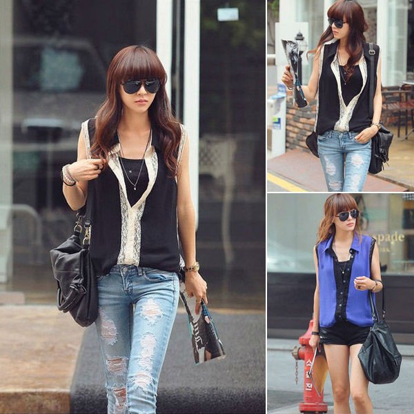 CASUAL CHIC SLEEVELESS SEE THROUGH DIPPED HEM CHIFFON LACE BLOUSE TOP 3270