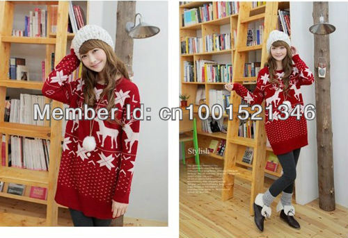 Casual Christmas snow elk pattern Long Sleeve Crew neck Jumpers Red NO.0001