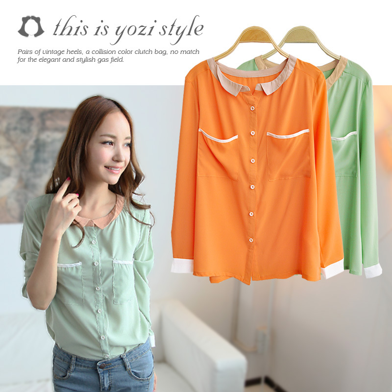 casual clean style for autumn winter women clothing  loose turn-down collar long-sleeve patchwork chiffon shirt 12103102