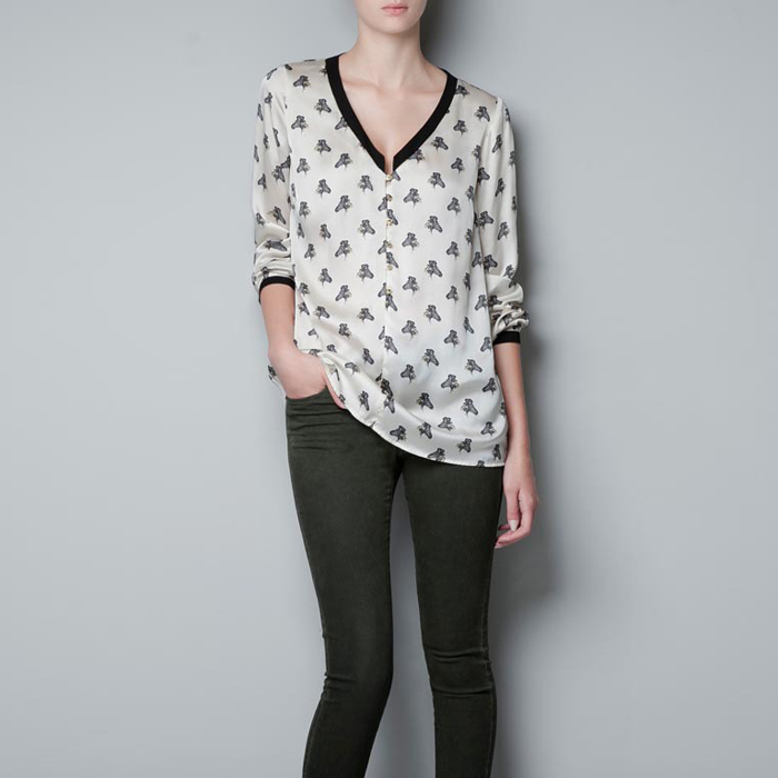 Casual fashion 2013 new arrival ivory print V-neck women's shirt A1276