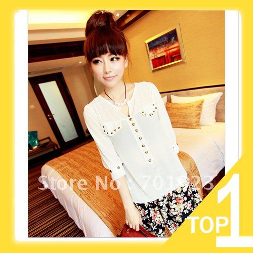 Casual Fashion new Korea Women V-neck Studs half Sleeve Chiffon Blouse shirt Top Black White Blue free shipping Y2644