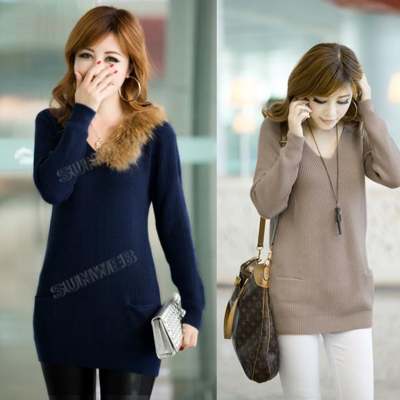 Casual Fashion Women's V Neck All-match Double Pockets Bottoming Shirt Knitwear Knitted Sweater free shipping 10181