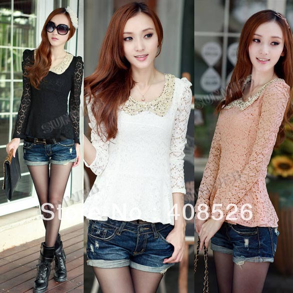 Casual Korean Women's Doll collar Long Sleeve Bottoming Shirt Top Lace Blouse Black Free shipping 10208